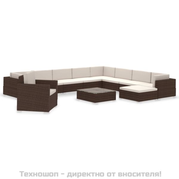 Градински комплект с възглавници, 12 части, кафяв полиратан