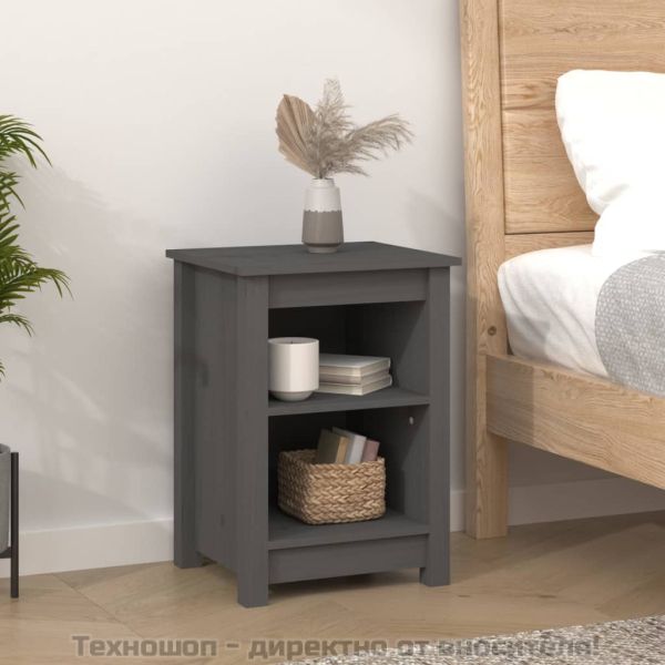 Нощни шкафчета, 2 бр, сиви, 40x35x55 см, борово дърво масив