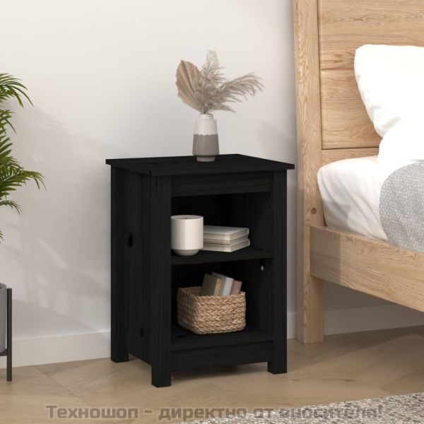 Нощни шкафчета, 2 бр, черни, 40x35x55 см, борово дърво масив