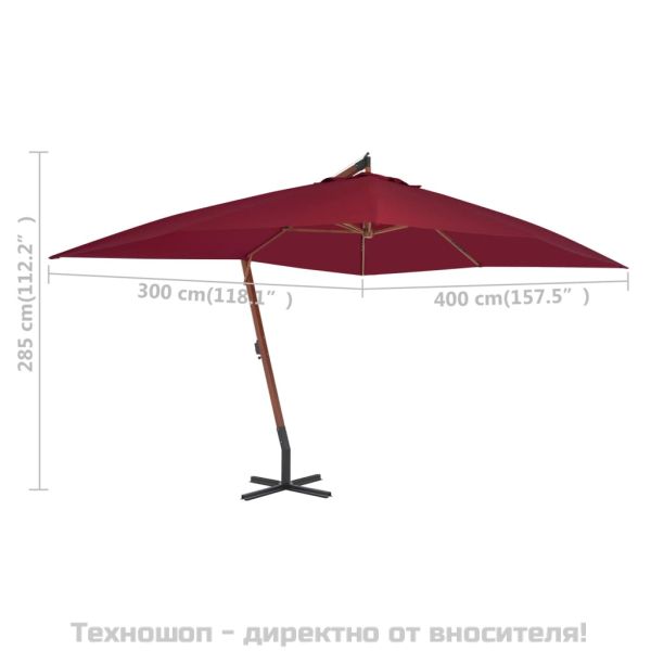 Конзолен градински чадър с дървен прът 400x300 см бордо червено