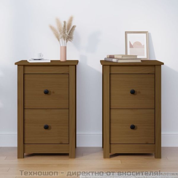 Нощни шкафчета, 2 бр, меденокафяви, 40x35x61,5 см, бор масив