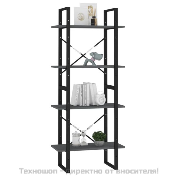 4-етажна библиотека, сива, 60x30x140 см, борово дърво масив