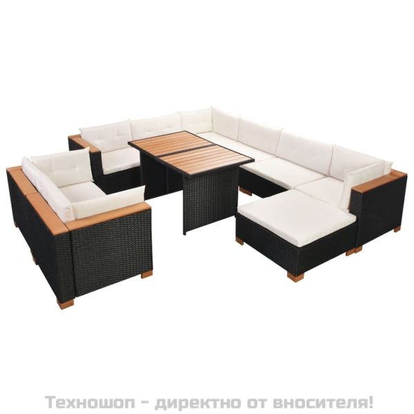 Градински комплект с възглавници, 10 части, черен полиратан