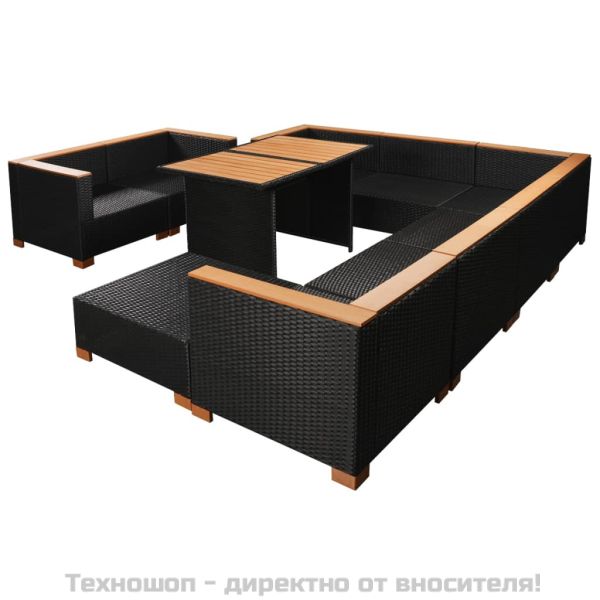 Градински комплект с възглавници, 10 части, черен полиратан