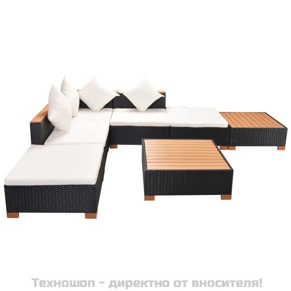 Градински комплект с възглавници, 7 части, черен полиратан