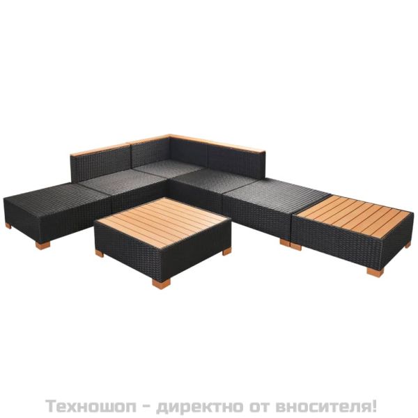 Градински комплект с възглавници, 7 части, черен полиратан