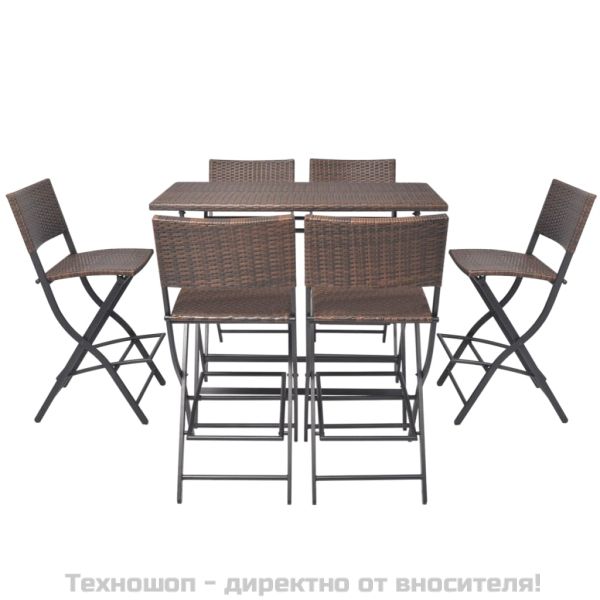 Сгъваем градински комплект, 7 части, стомана, кафяв полиратан