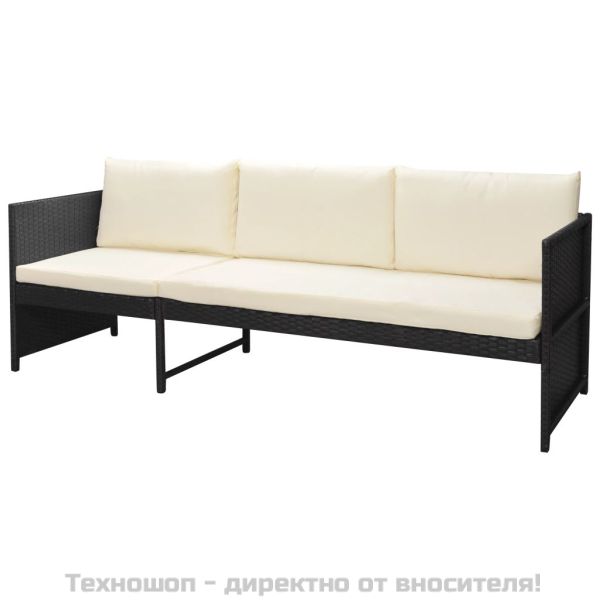 Градински комплект с възглавници, 6 части, черен полиратан