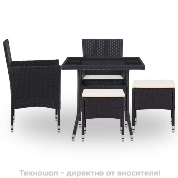 Градински трапезен комплект, 5 части, черен, полиратан и стъкло