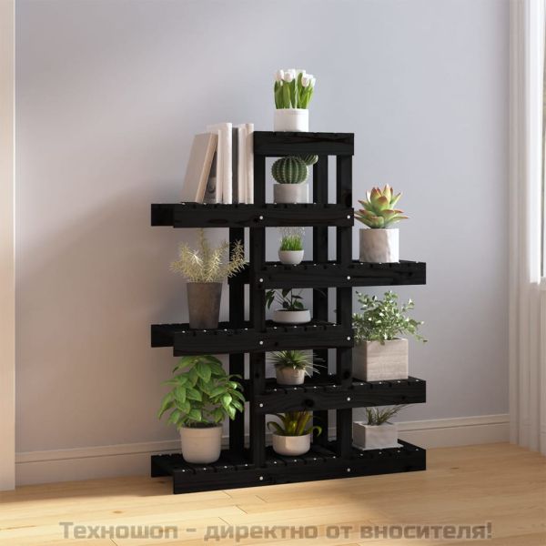 Поставка за цветя, черен, 85x25x109,5 см, бор масив