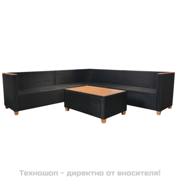 Градински комплект с възглавници, 5 части, черен полиратан