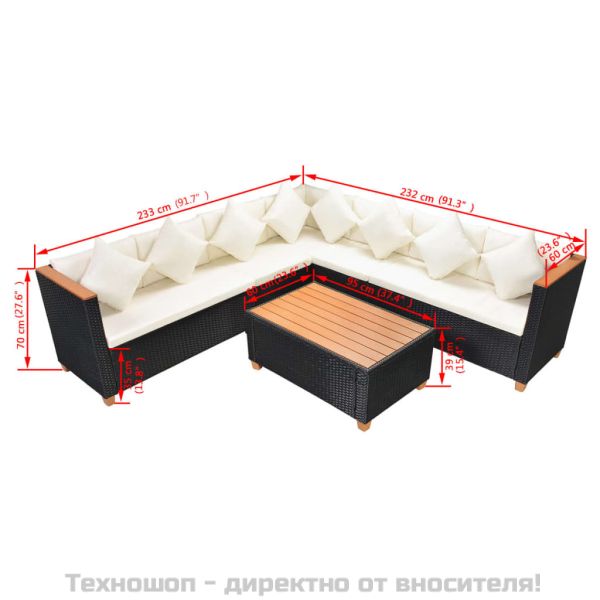 Градински комплект с възглавници, 5 части, черен полиратан