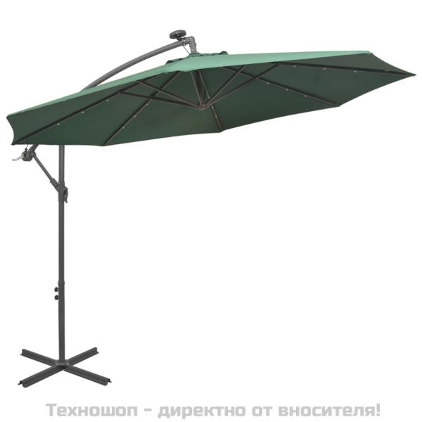 Окачен чадър с LED осветление, 300 см, зелен, метален прът