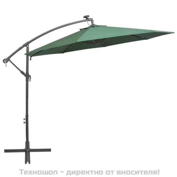 Окачен чадър с LED осветление, 300 см, зелен, метален прът