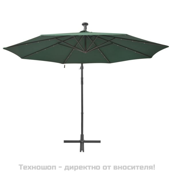 Окачен чадър с LED осветление, 300 см, зелен, метален прът