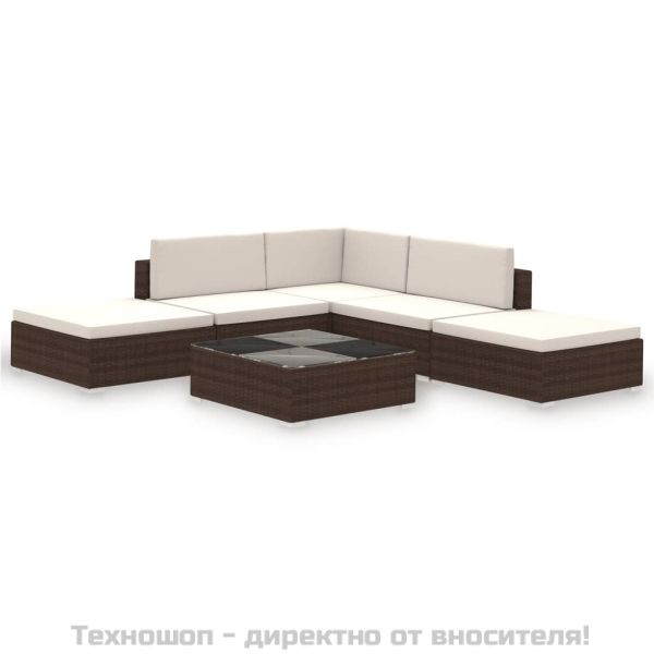 Градински комплект с възглавници, 6 части, кафяв полиратан