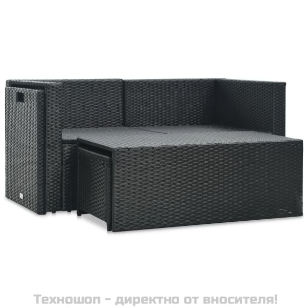 Градински комплект с възглавници, 6 части, черен полиратан