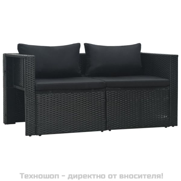 Градински комплект с възглавници, 6 части, черен полиратан