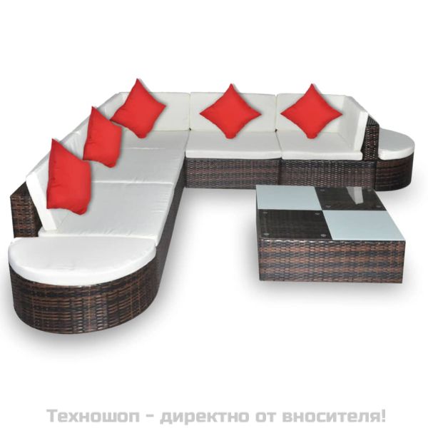 Градински лаундж комплект с възглавници 8 части полиратан кафяв