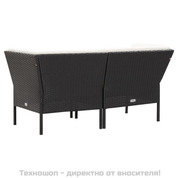 Градински комплект с възглавници, 6 части, черен полиратан