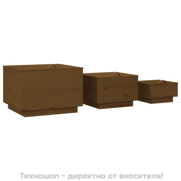 Кутии за съхранение с капаци 3 бр меденокафяви бор масив