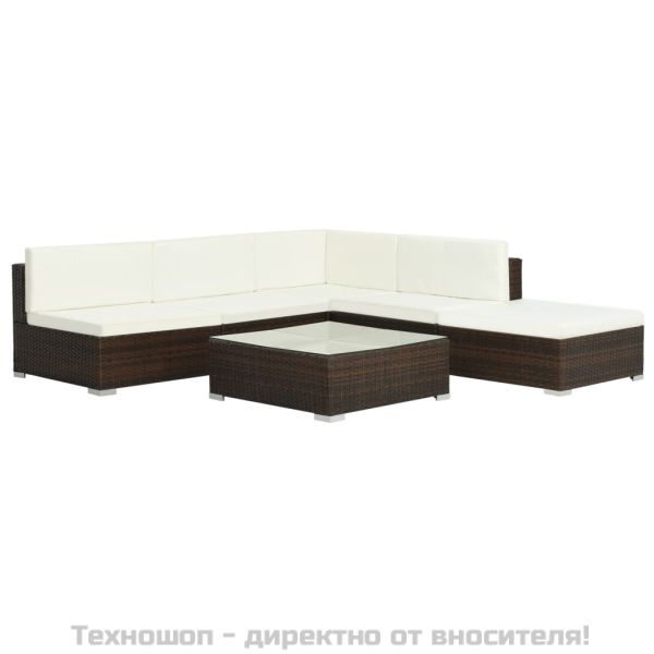 Градински комплект с възглавници, 6 части, кафяв полиратан