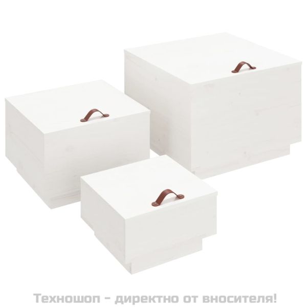 Кутии за съхранение с капаци 3 бр бели борова дървесина масив