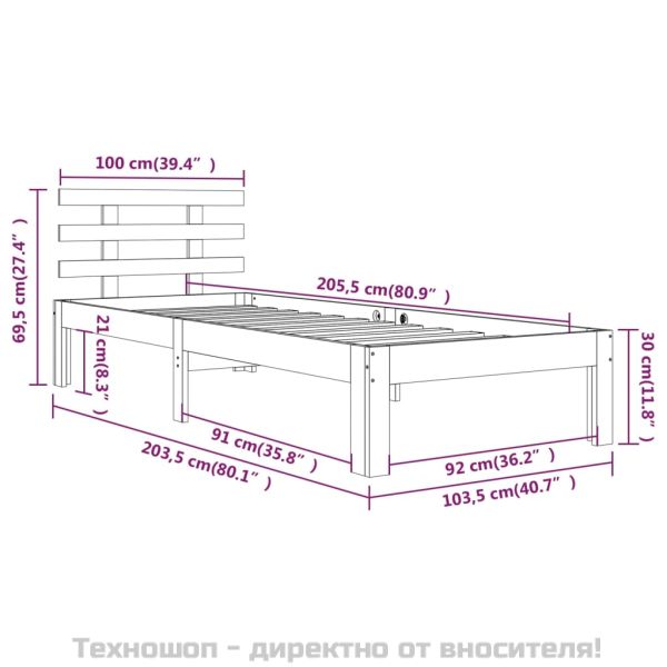 Рамка за легло, меденокафява, дърво масив, 100x200 см
