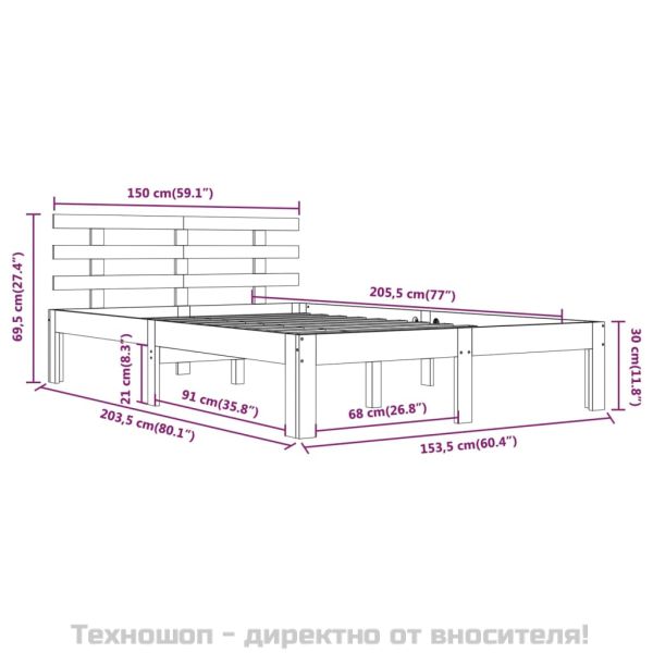 Рамка за легло, сива, дърво масив, 150x200 cм, King Size