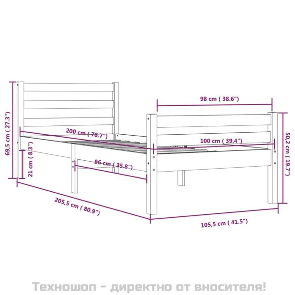 Рамка за легло, сива, масивно дърво, 100х200 см