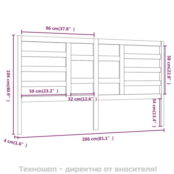 Горна табла за легло, 206x4x104 см, бор масив