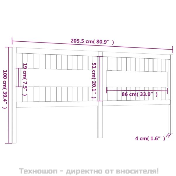 Горна табла за легло, сива, 205,5x4x100 см, бор масив