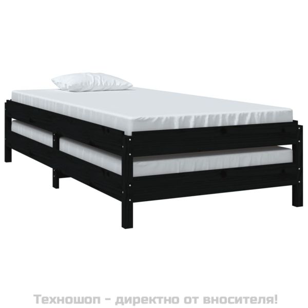 Стифиращо легло, черно, борово дърво масив, 75x190 см