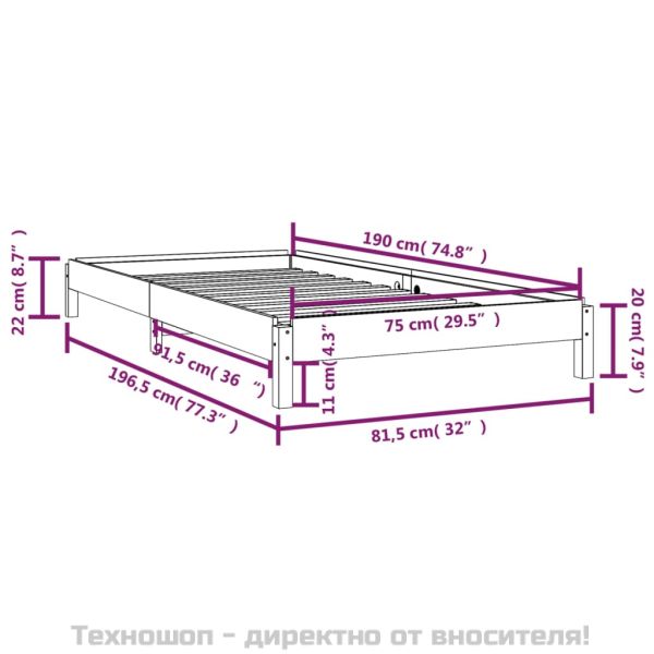 Стифиращо легло, черно, борово дърво масив, 75x190 см