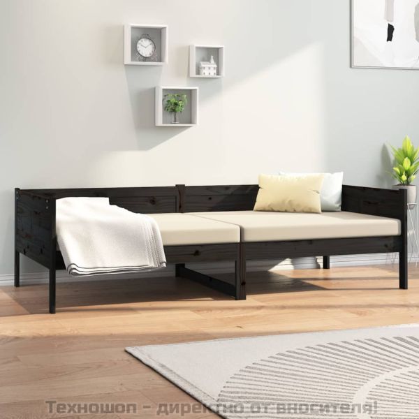 Дневно легло, черно, борово дърво масив, 90x190 см