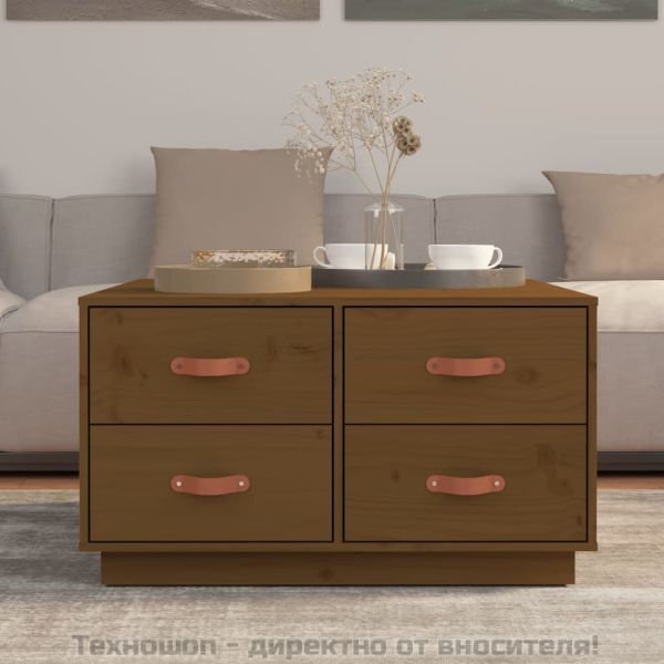 Кафе маса, меденокафява, 80x80x45 см, борово дърво масив