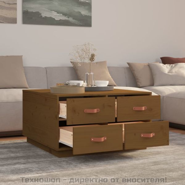 Кафе маса, меденокафява, 80x80x45 см, борово дърво масив