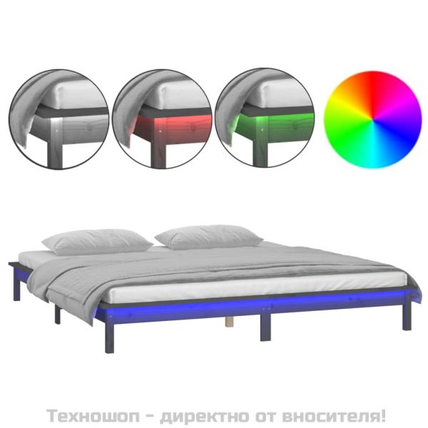 Рамка за легло с LED осветление сива 200x200 см масивно дърво