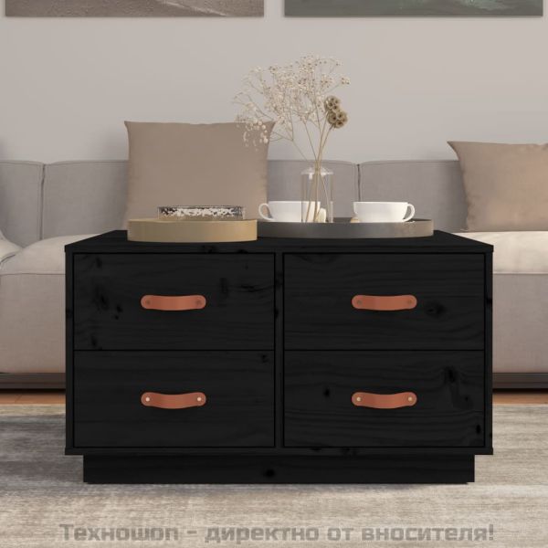 Кафе маса, черна, 80x80x45 см, борово дърво масив