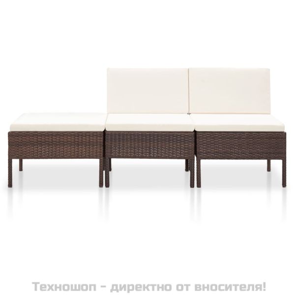 Градински комплект с възглавници, 3 части, кафяв полиратан