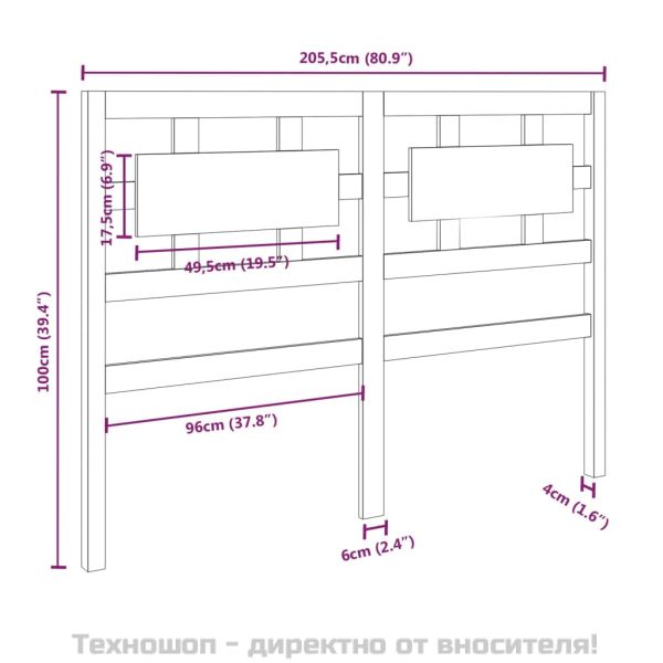 Горна табла за легло, черна, 205,5x4x100 см, бор масив