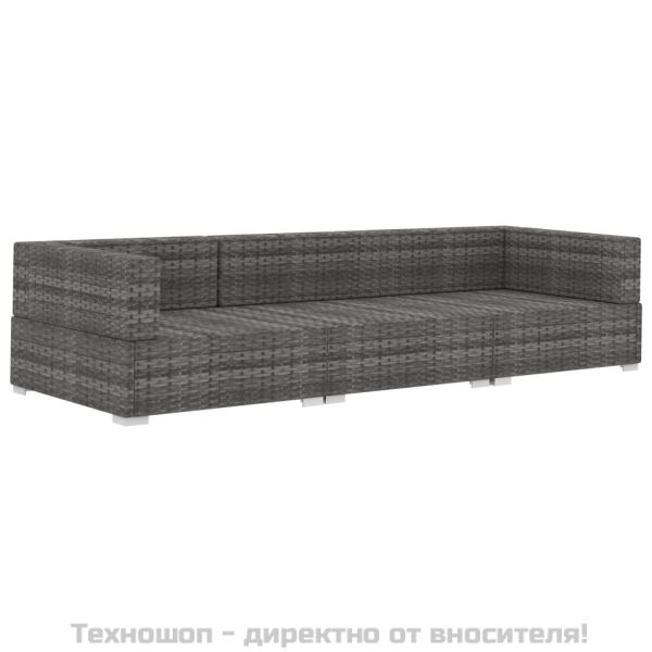 Градински комплект с възглавници, 3 части, полиратан, сив