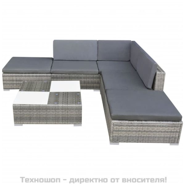 Градински комплект с възглавници, 6 части, полиратан, сив