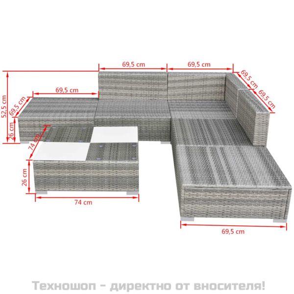 Градински комплект с възглавници, 6 части, полиратан, сив