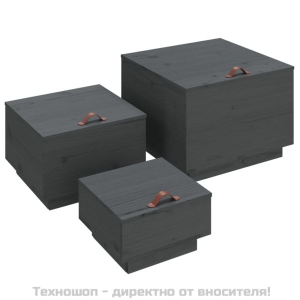 Кутии за съхранение с капаци 3 бр сиви борова дървесина масив