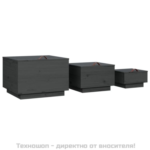 Кутии за съхранение с капаци 3 бр сиви борова дървесина масив