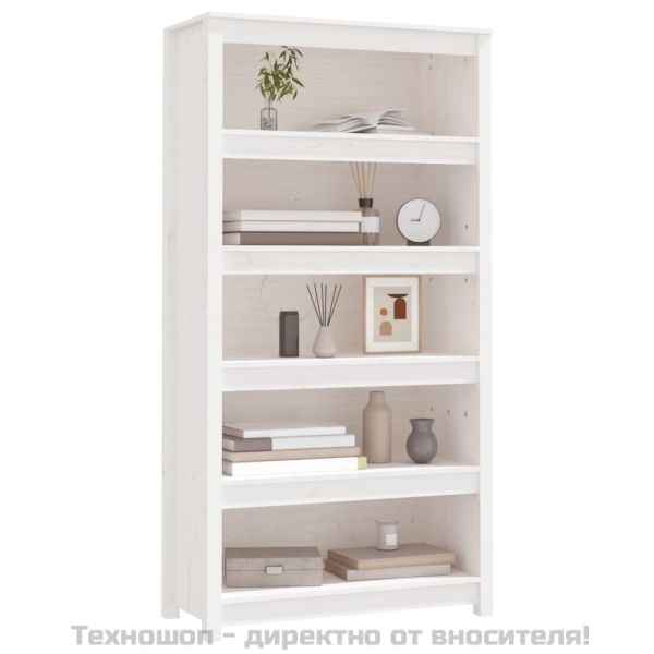 Библиотека, бяла, 80x35x154 см, борово дърво масив