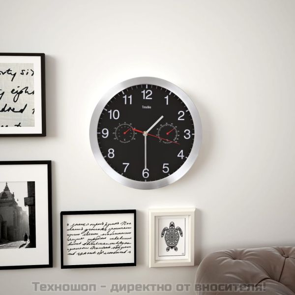 Стенен часовник с кварц, хигрометър и термометър, 30 см, черен