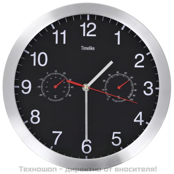 Стенен часовник с кварц, хигрометър и термометър, 30 см, черен