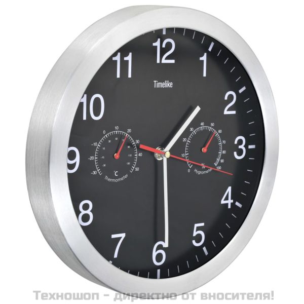 Стенен часовник с кварц, хигрометър и термометър, 30 см, черен